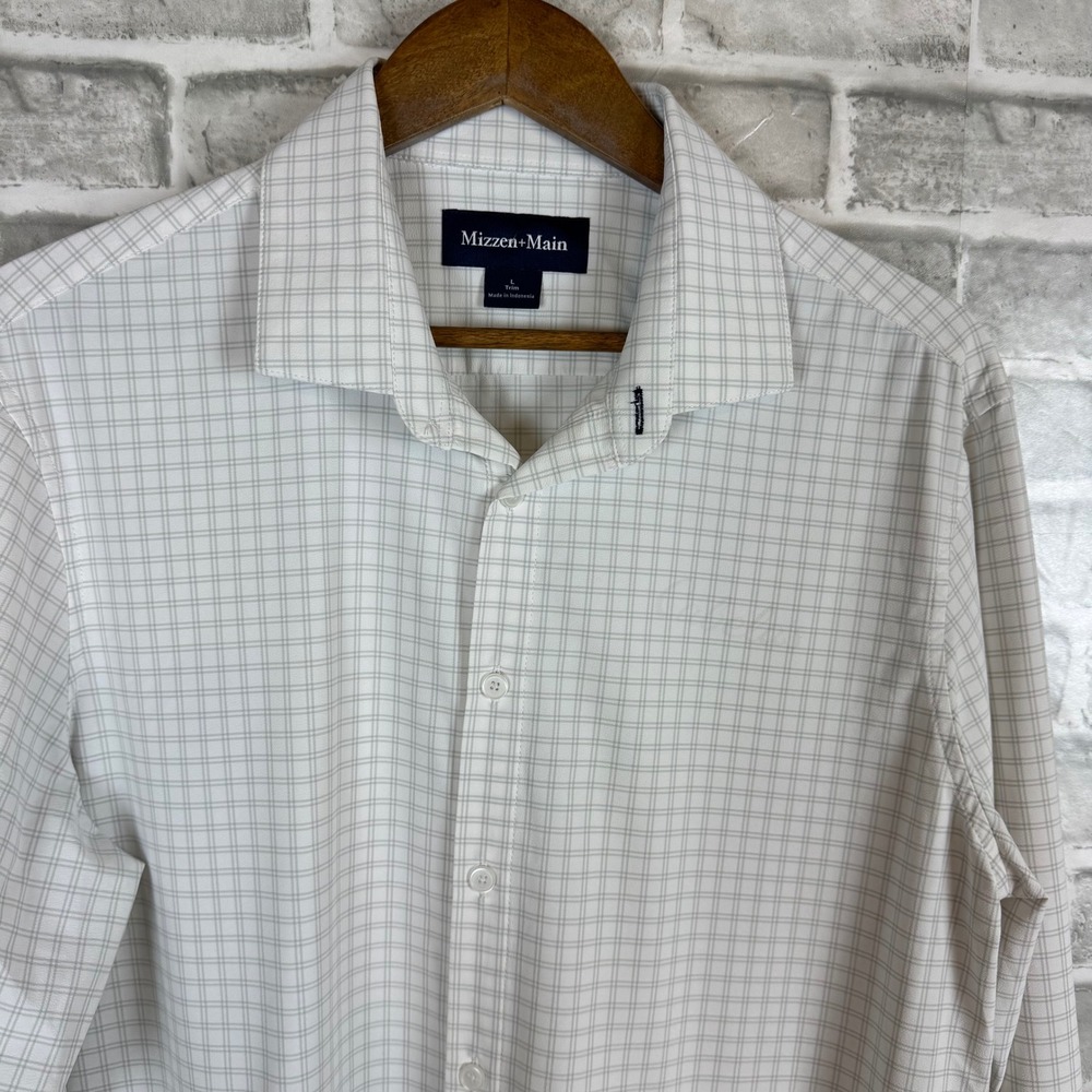 Mizzen+Main Men Trim Fit Leeward Dress Shirt LARGE White Grey Grid Check Stretch